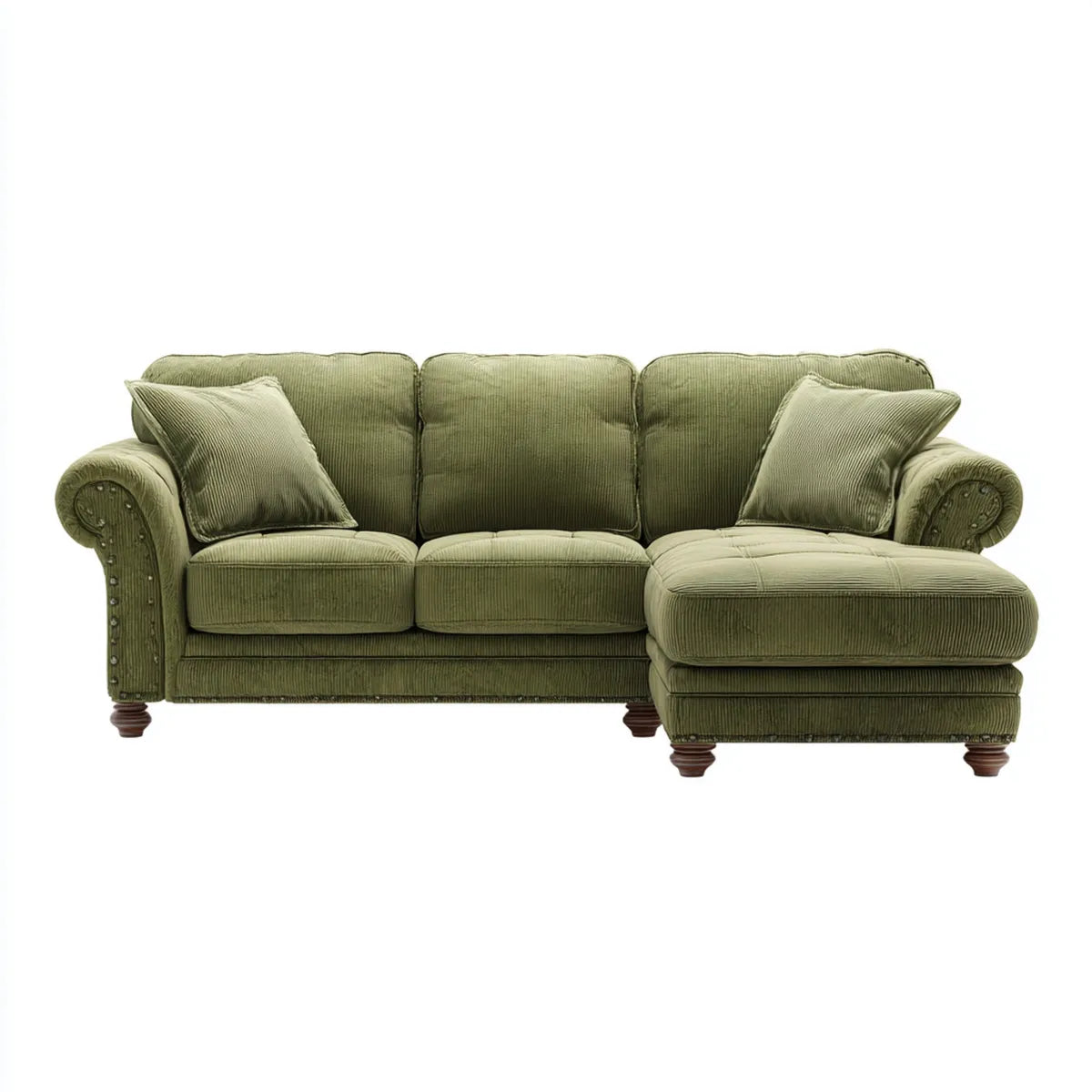 Divano angolare 3 posti con penisola destra verde oliva in velluto a coste 250 x 160 x 90 cm