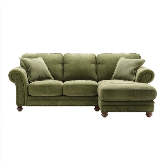 Divano angolare 3 posti con penisola destra verde oliva in velluto a coste 250 x 160 x 90 cm