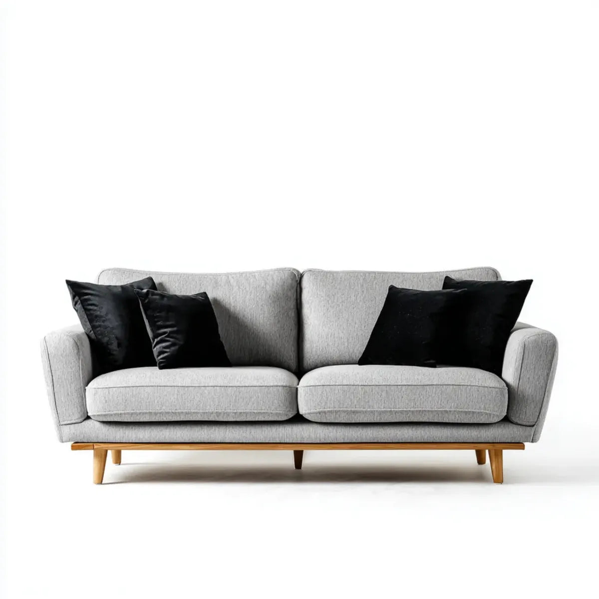 Divano 3 posti grigio chiaro con cuscini neri 220 x 90 x 85 cm in poliestere e legno massello