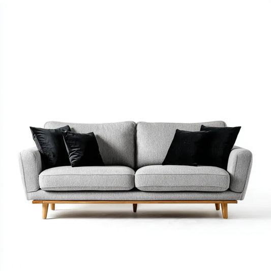 Divano 3 posti grigio chiaro con cuscini neri 220 x 90 x 85 cm in poliestere e legno massello