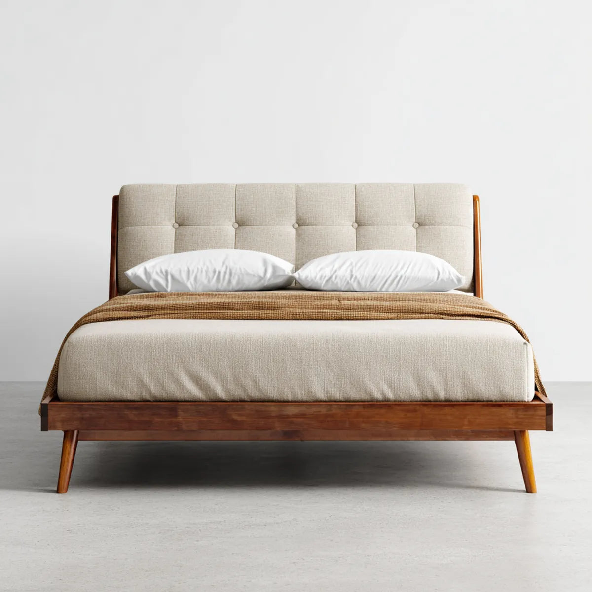 Letto matrimoniale beige e noce 160 x 200 cm in legno massello e tessuto di lino rettangolare