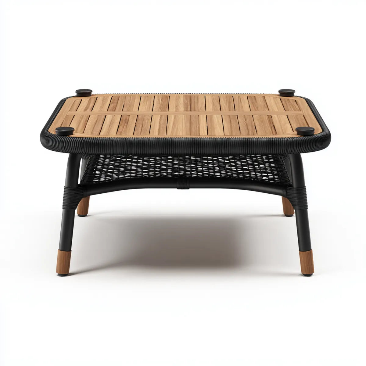 Tavolino da giardino rettangolare nero e naturale 110 x 60 x 45 cm in teak e alluminio con ripiano inferiore
